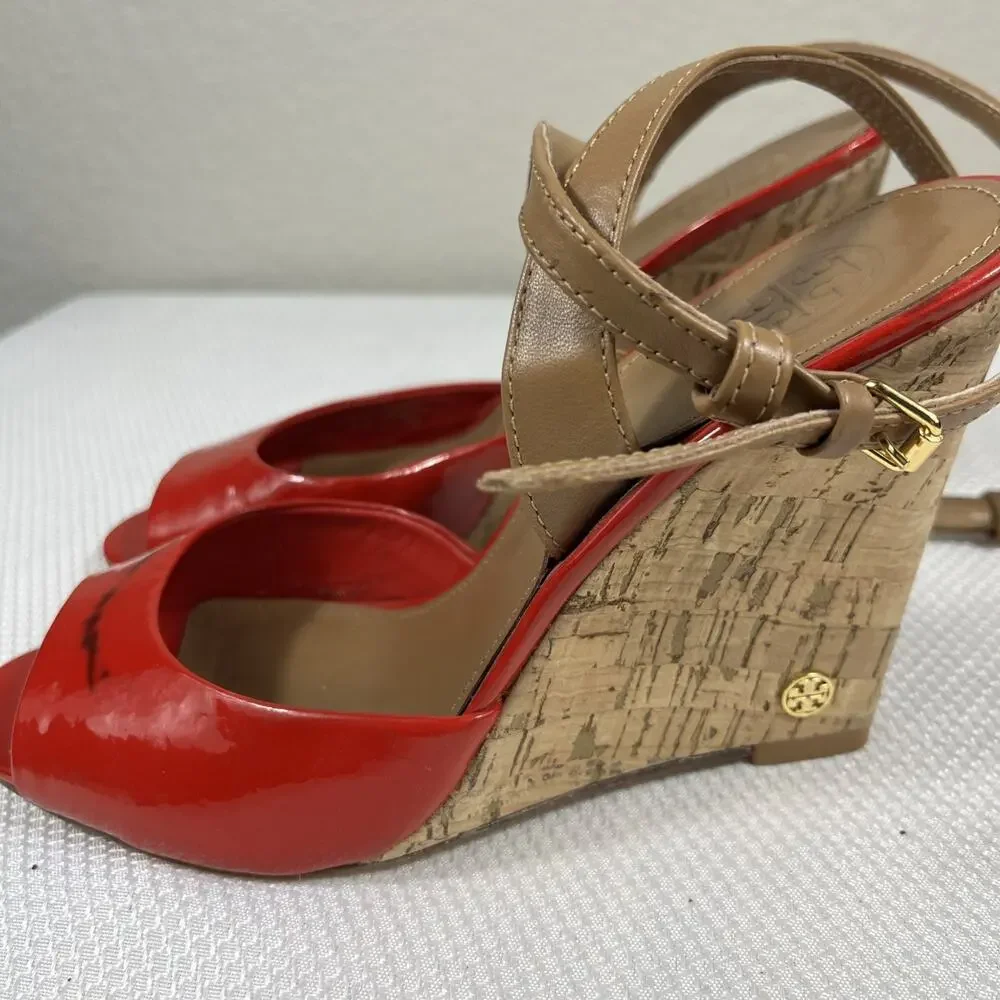 Tory Burch Red‎ Patent Leather Cork Wedge Ankle Strap Peep Toe Sandals size 7 M